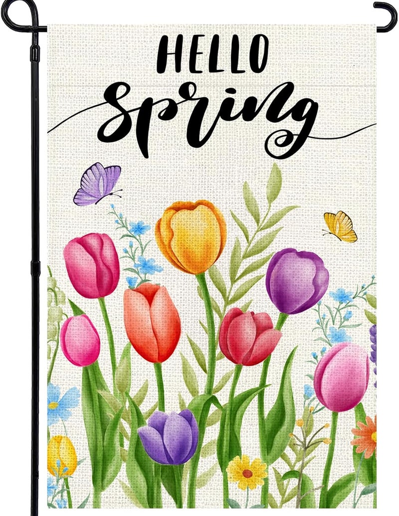 Agroon Hello Spring Garden Flag 12x18 Inch, Double Sided Colorful Tulips Flag, Seasonal Flower Yard Outdoor Decoration - Image 1